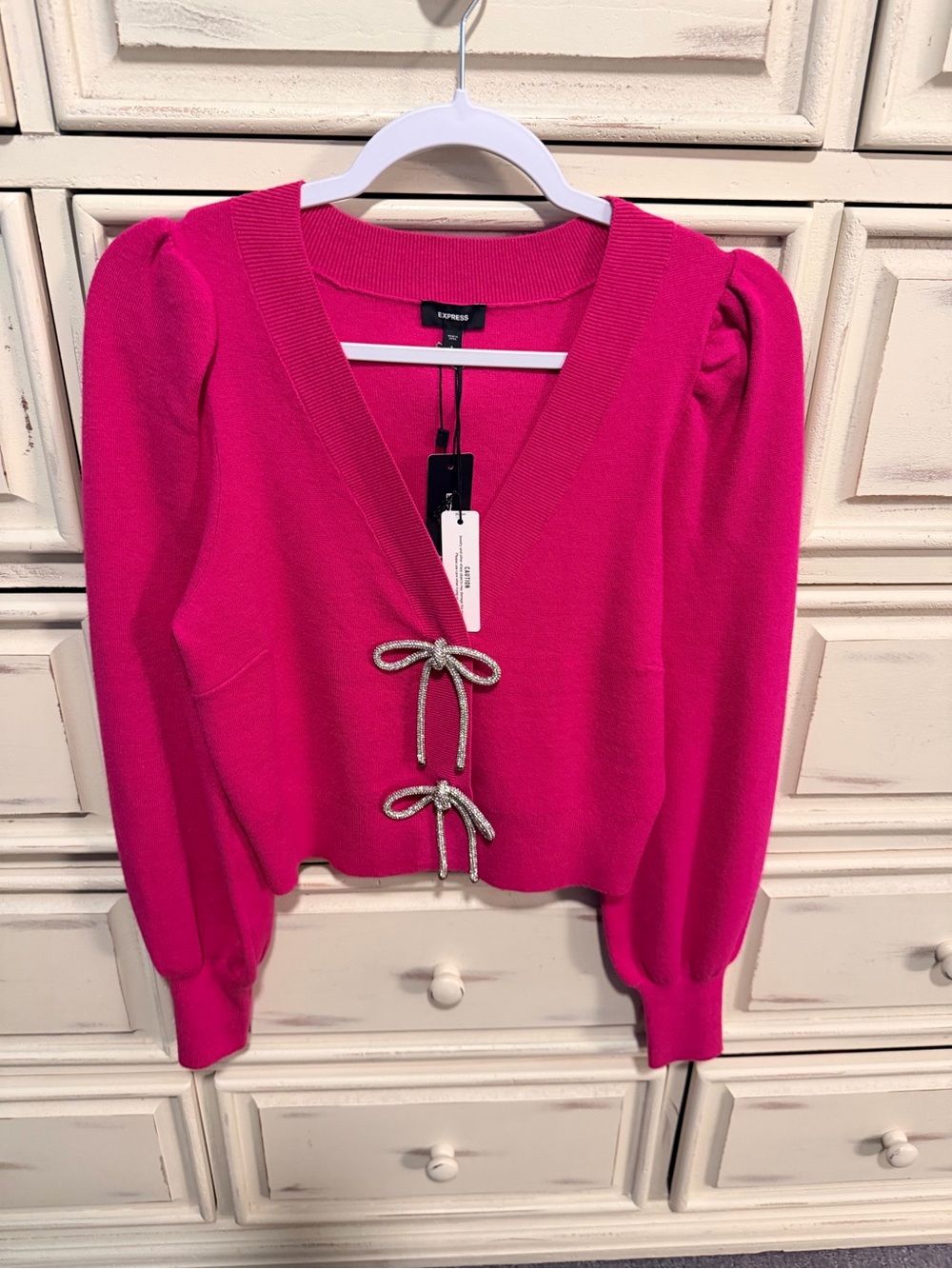 Express Hot Pink V-Neck Sweater with Bow Tie Accents